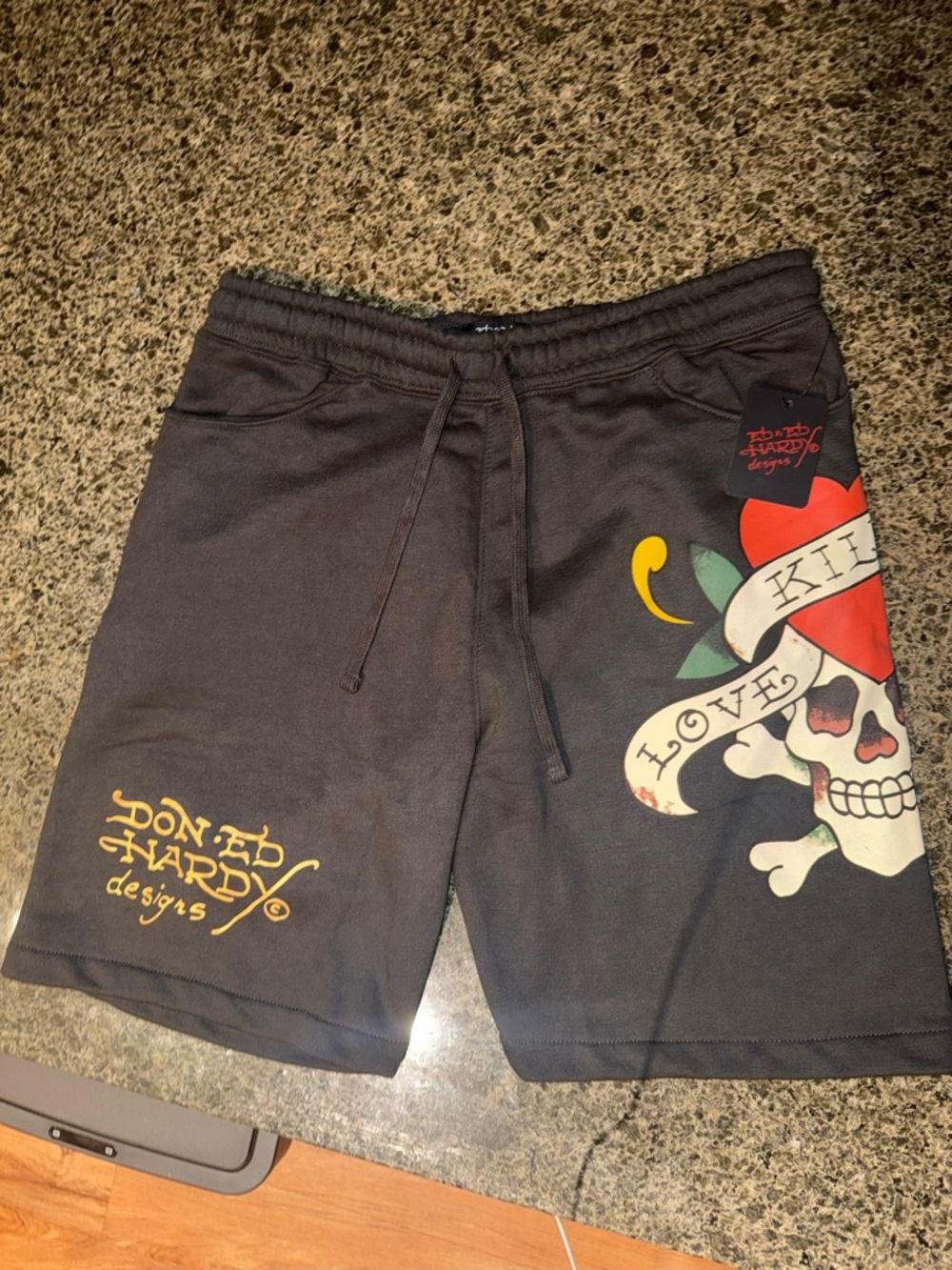 Ed Hardy Black Graphic 'Love Kills' Skull Shorts